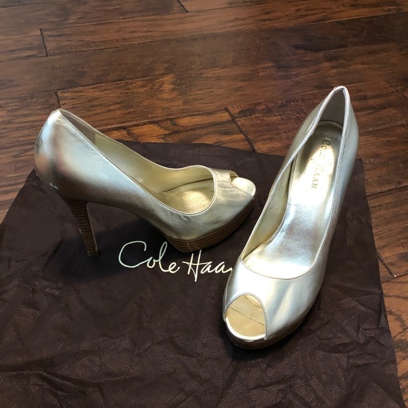 Cole Haan Metallic Gold Peep Toe Heels - Picture 12 of 16